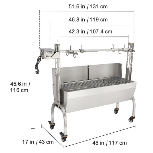 2-i-1 BBQ spettgrill med 50W 4rpm motor, vindruta och kompletta tillbehör, 60kg lastkapacitet, 4 justerbar höjd, 2 sätt att rotera