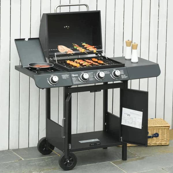 Rootz Gasgrill - Bbq Trolley med 3 brændere - 1 sidebrænder - Trykreducer - Slangerskab - Multifunktion - Stål - Sort - 110 x 50 x 100 cm