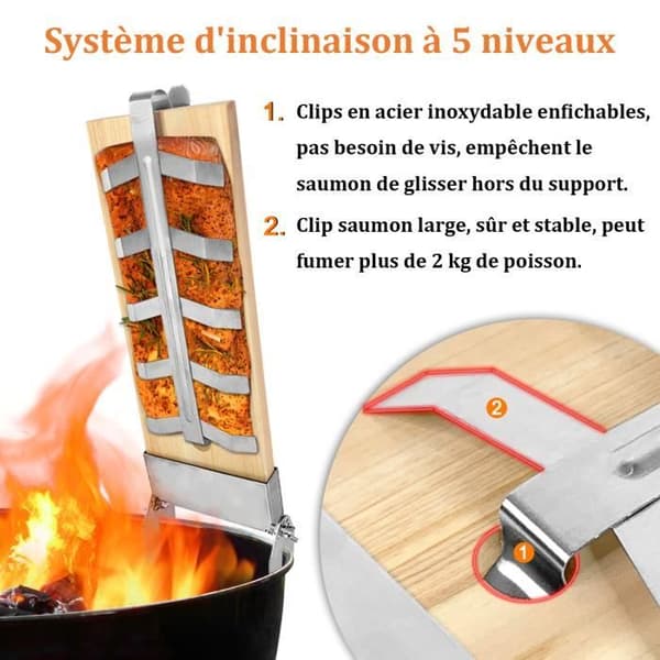 Plancha för Flamberad Lax - LZQ - Set om 2 - Rostfritt Stål - 5 Justerbara Nivåer - 47x16 cm
