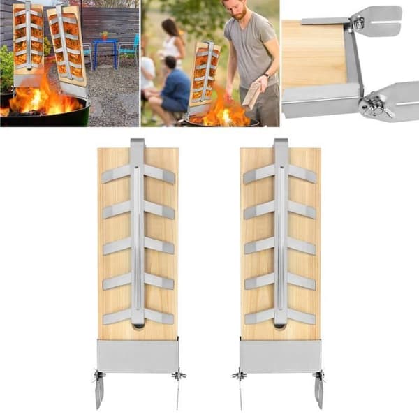 Plancha för Flamberad Lax - LZQ - Set om 2 - Rostfritt Stål - 5 Justerbara Nivåer - 47x16 cm