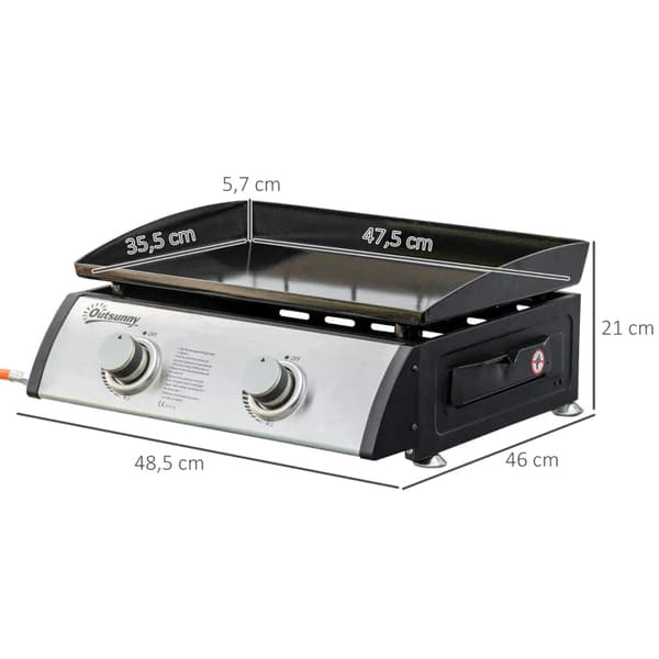 Rootz Gasgrill med 2 brændere - Slange - Non-stick grillplade - Rustfrit stål - Sølv - 48,5 x 46 x 21 cm