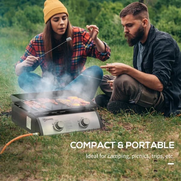 Rootz Gasgrill med 2 brændere - Slange - Non-stick grillplade - Rustfrit stål - Sølv - 48,5 x 46 x 21 cm