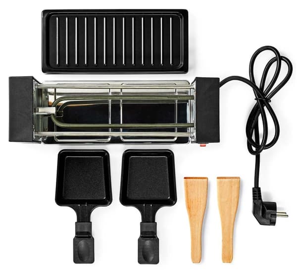 NEDIS gurmánský raclette gril/ obdélníkový/ grilovací deska 23 x 10 cm/ pro 2 osoby/ špachtle/ nepřilnavý povrch/ černý