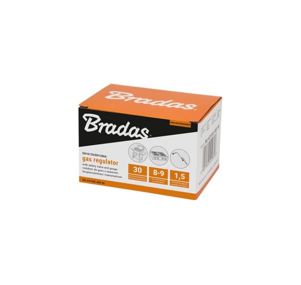 Propan butangas regulator 30 mbar, 1,5 kg/h med nødventil og måler, til 9-10 mm