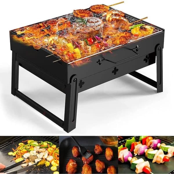 Bärbar grill Vikbar BBQ Grill Kolgrill Camping Rostfritt stål BBQ Grill med BBQ Matta, klämma B[55]
