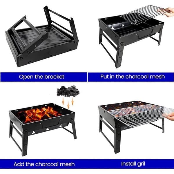 Bärbar hopfällbar utomhusgrill med kolgrill med picknickrökare i rostfritt stål, [323]