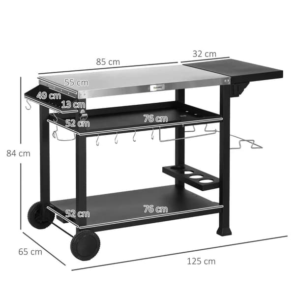 Rootz Station -grillivaunu - Sisältää tarvikkeet - Pizzapöytä - Savipöytä - Ruostumaton teräs-metalli - Musta+hopea - 125L x 65L x 84K cm