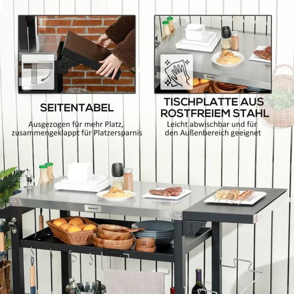 Rootz Station -grillivaunu - Sisältää tarvikkeet - Pizzapöytä - Savipöytä - Ruostumaton teräs-metalli - Musta+hopea - 125L x 65L x 84K cm