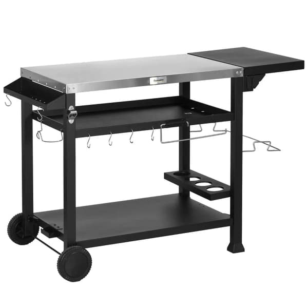 Rootz Station -grillivaunu - Sisältää tarvikkeet - Pizzapöytä - Savipöytä - Ruostumaton teräs-metalli - Musta+hopea - 125L x 65L x 84K cm