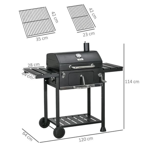 Rootz Kolgrill - Termometer Flasköppnare - BBQ Grill Smoker - Praktisk handvev - Värmställ - Galvaniserat stål-rostfritt stål - Svart - 120L x 64W x 1
