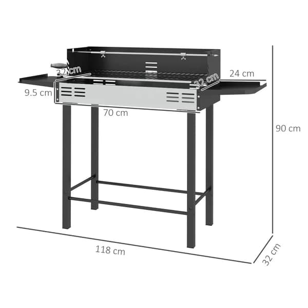 Rootz kolgrill - BBQ Smoker - Justerbart galler - Sidohyllor - 1 Grillspett - Värmställ - Emaljerat gjutjärn - Svart + Silver - 118 x 32 x 90 cm