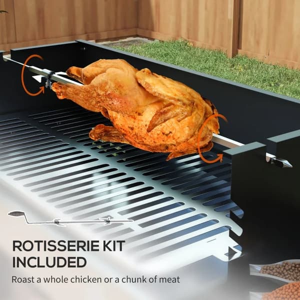 Rootz kolgrill - BBQ Smoker - Justerbart galler - Sidohyllor - 1 Grillspett - Värmställ - Emaljerat gjutjärn - Svart + Silver - 118 x 32 x 90 cm