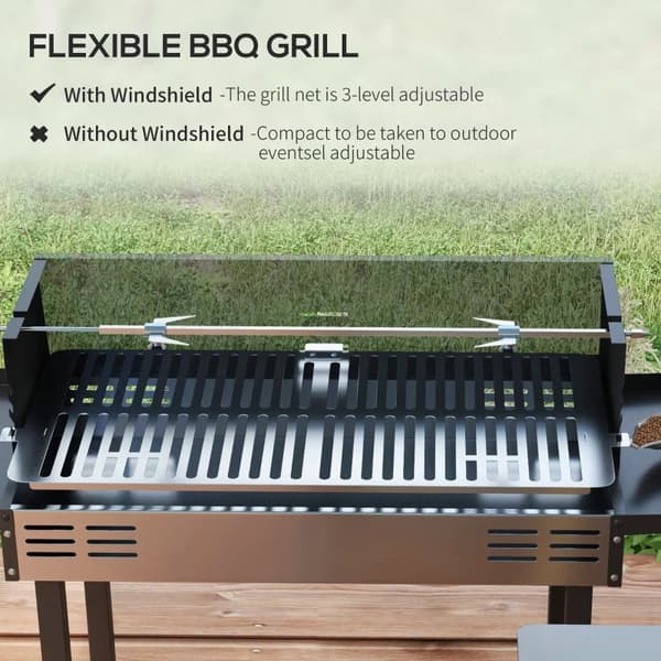 Rootz kolgrill - BBQ Smoker - Justerbart galler - Sidohyllor - 1 Grillspett - Värmställ - Emaljerat gjutjärn - Svart + Silver - 118 x 32 x 90 cm