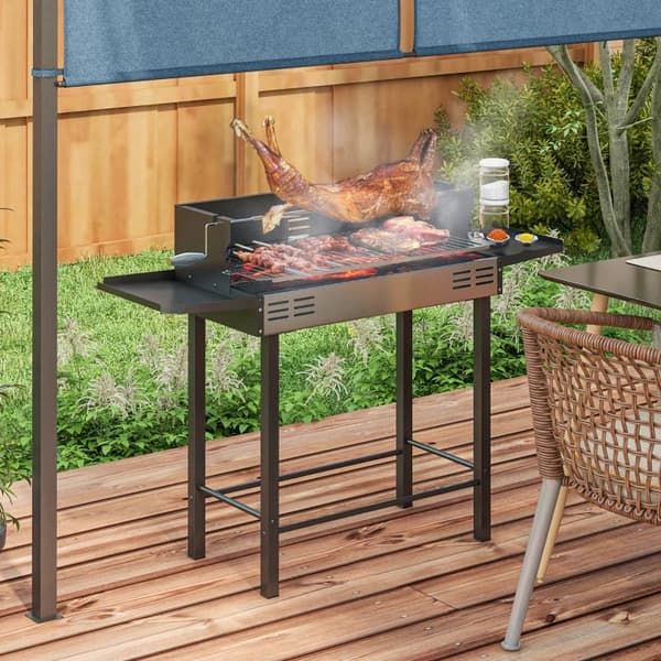 Rootz kolgrill - BBQ Smoker - Justerbart galler - Sidohyllor - 1 Grillspett - Värmställ - Emaljerat gjutjärn - Svart + Silver - 118 x 32 x 90 cm