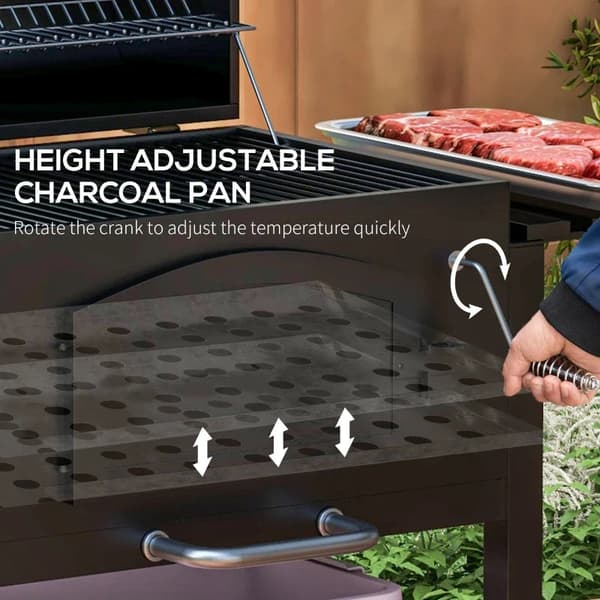 Rootz kolgrill - BBQ Smoker - Justerbart kolfack - Sidohyllor - Värmeställ - Emaljerat gjutjärn - Svart - 124L x 66W x 112H cm