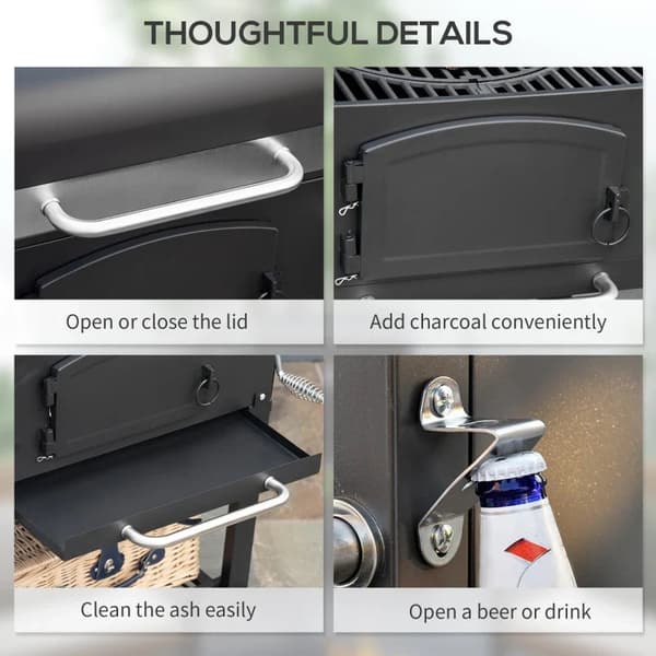 Rootz kolgrill - BBQ Smoker - Justerbart kolfack - Sidohyllor - Värmeställ - Emaljerat gjutjärn - Svart - 124L x 66W x 112H cm