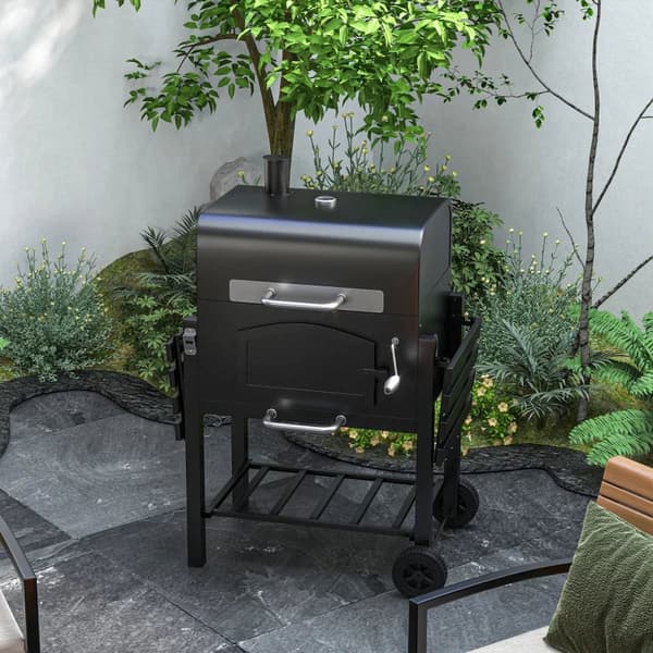 Rootz kolgrill - BBQ Smoker - Justerbart kolfack - Sidohyllor - Värmeställ - Emaljerat gjutjärn - Svart - 124L x 66W x 112H cm