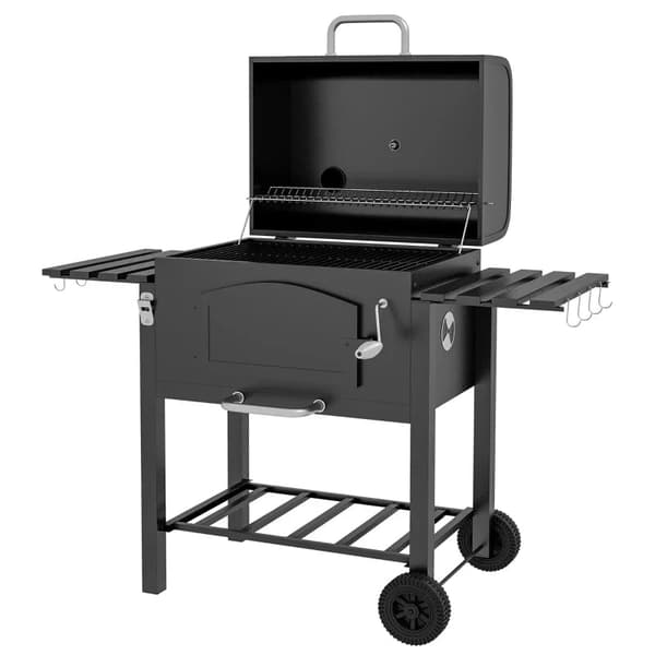 Rootz kolgrill - BBQ Smoker - Justerbart kolfack - Sidohyllor - Värmeställ - Emaljerat gjutjärn - Svart - 124L x 66W x 112H cm