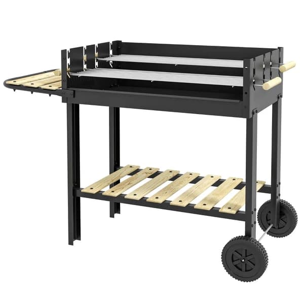 Rootz Kulgrill - Grillvogn - 2 Grilloverflader - 2 Hjul - Håndtag - Hylder - Metal - Fyrretræ - Sort - 113 X 53,5 X 82,5 Cm