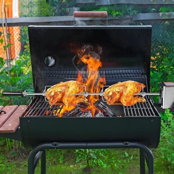YUENFONG BBQ-spettset inklusive 4 x kötttång 1 x elektriskt roterande spett i rostfritt stål