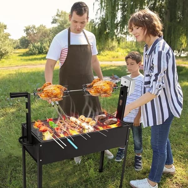 YUENFONG BBQ-spettset inklusive 4 x kötttång 1 x elektriskt roterande spett i rostfritt stål