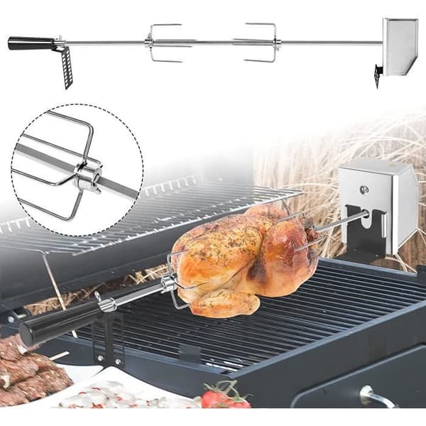 YUENFONG BBQ-spettset inklusive 4 x kötttång 1 x elektriskt roterande spett i rostfritt stål