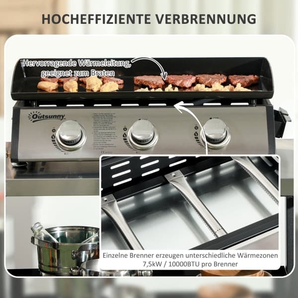 Rootz-kaasugrilli kannella - BBQ-grilli - Ulkokeittoasema - 3 poltinta - Rasvan tippakaukalo - Tarttumaton levy - 63x47x25 cm - Musta/hopea