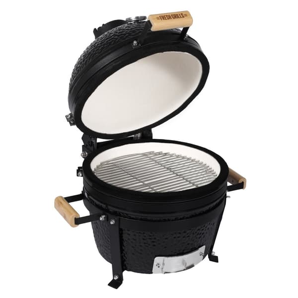 Fresh Grills Kamado BBQ Svart Keramisk Miniugn Grill Ägg Kol Rökare Portabel Termometer Topp- & Botten Luftsflödessystem Utomhusmatlagning Camping