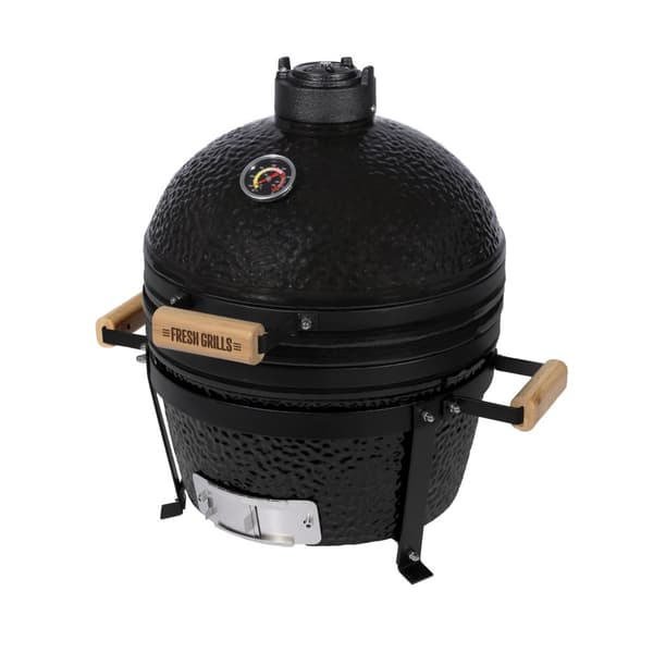 Fresh Grills Kamado BBQ Svart Keramisk Miniugn Grill Ägg Kol Rökare Portabel Termometer Topp- & Botten Luftsflödessystem Utomhusmatlagning Camping