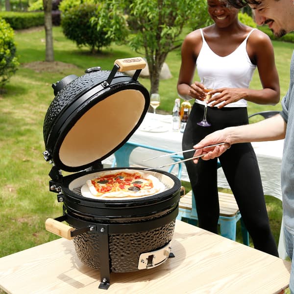 Fresh Grills Kamado BBQ Svart Keramisk Miniugn Grill Ägg Kol Rökare Portabel Termometer Topp- & Botten Luftsflödessystem Utomhusmatlagning Camping