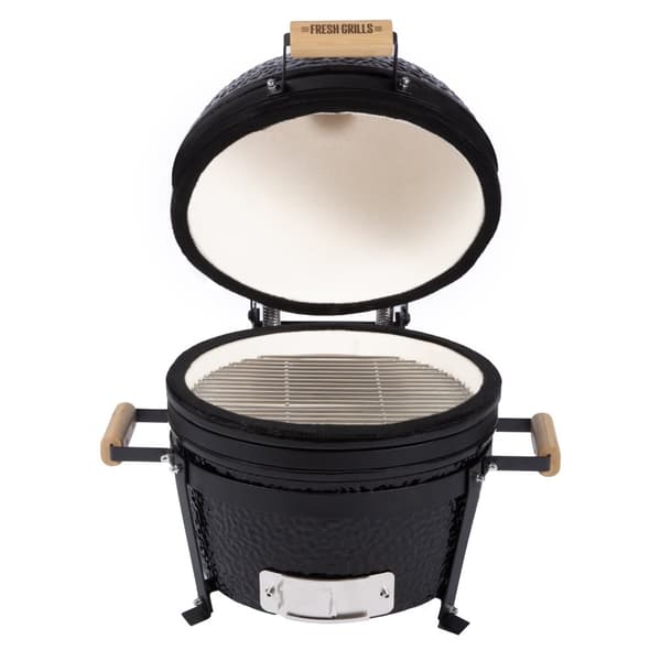 Fresh Grills Kamado BBQ Svart Keramisk Miniugn Grill Ägg Kol Rökare Portabel Termometer Topp- & Botten Luftsflödessystem Utomhusmatlagning Camping