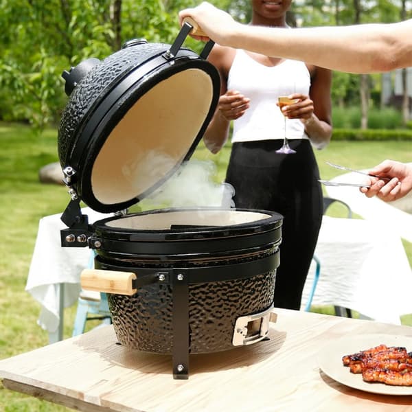 Fresh Grills Kamado BBQ Svart Keramisk Miniugn Grill Ägg Kol Rökare Portabel Termometer Topp- & Botten Luftsflödessystem Utomhusmatlagning Camping