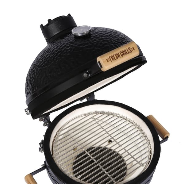 Fresh Grills Kamado BBQ Svart Keramisk Miniugn Grill Ägg Kol Rökare Portabel Termometer Topp- & Botten Luftsflödessystem Utomhusmatlagning Camping