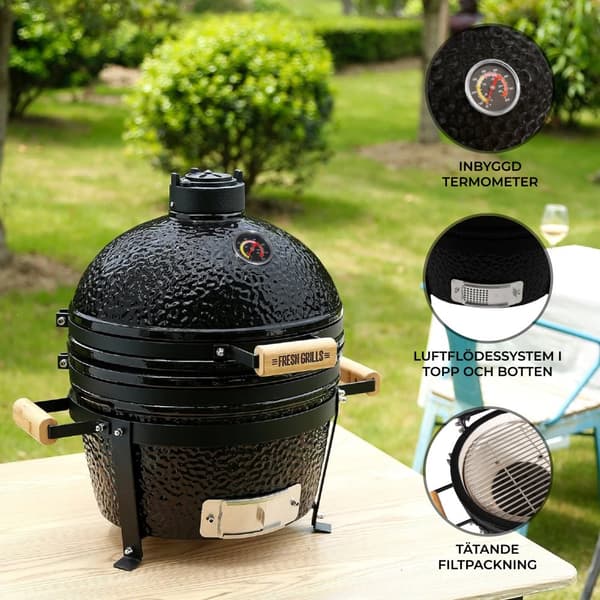 Fresh Grills Kamado BBQ Svart Keramisk Miniugn Grill Ägg Kol Rökare Portabel Termometer Topp- & Botten Luftsflödessystem Utomhusmatlagning Camping