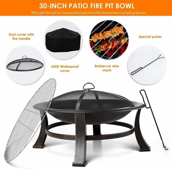 30 tuuman teräksinen ulkotulipaikka, lämmönkestävä, helppo koota BBQ-grilli