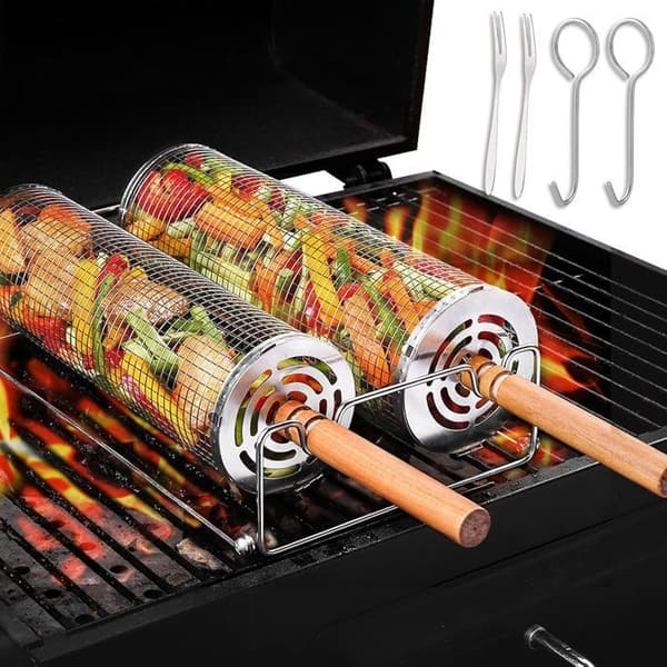 Grilltillbehör - set med 2 grillkorg med avtagbart trähandtag cylindriska grillkorgar