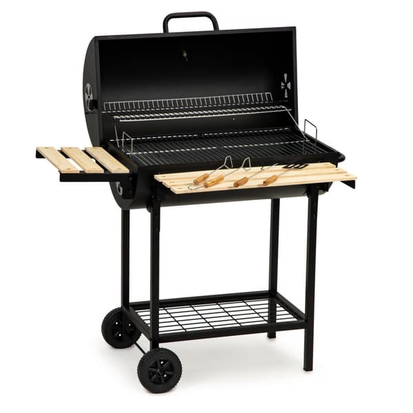 Portabel campinggrill med hjul, 64x38 cm grill og varmeskål, inkluderer 3 tilbehør
