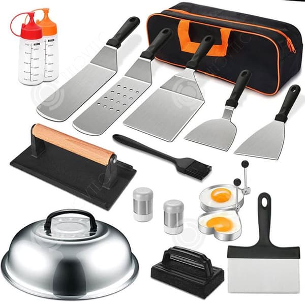 INN Grillredskap Set med 17 stycken med bärbar bärväska och järnplåtsredskap för trädgårdscampingset Grillset