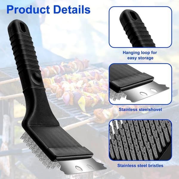 Grillborste - Rostfritt stål - 3 delar - Hård skrapa - Rostbeständig - Ergonomisk