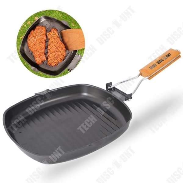 TD® Bärbar hopfällbar picknick Utomhusgrill Grill Gjutjärnsgryta Anti- skållning Grilltallrik Trähandtag Biffgryta