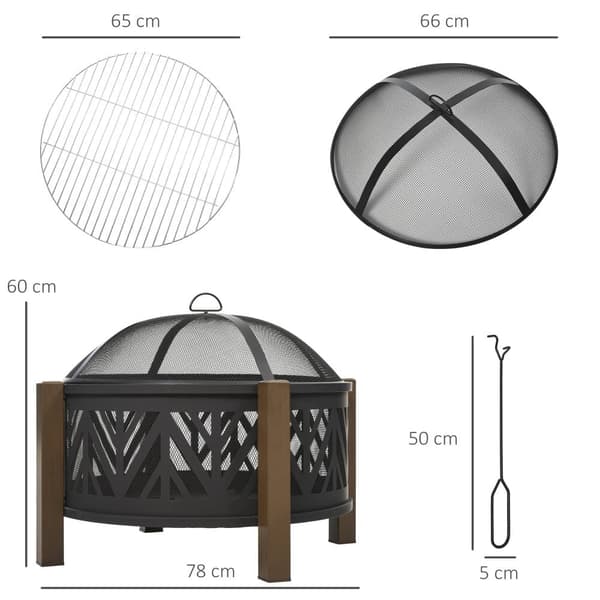 2-i-1 Eldskål med Grillgaller, Gnistskydd, Ø78x60 cm, Svart och Brun