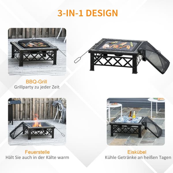 3-i-1 Bålfad, Grill og Iskøler, Gnistbeskyttelse, 76x76x47cm, Sort til Havegrill