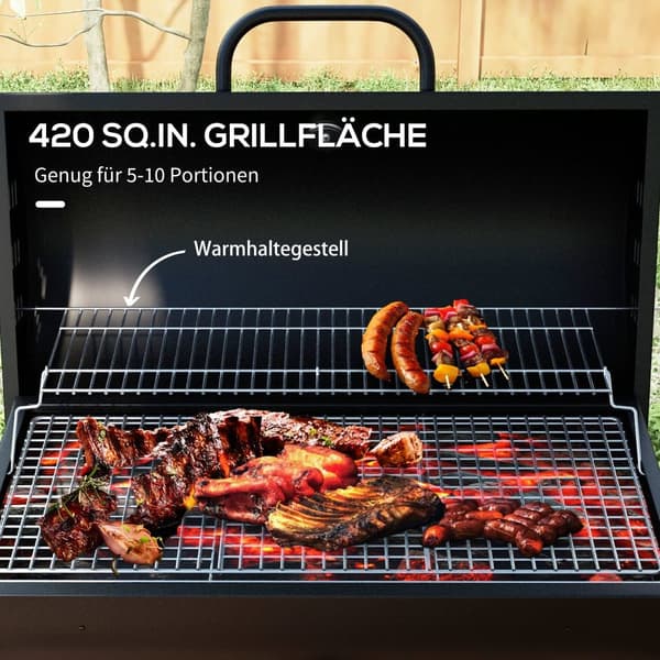 Kulgrillvogn BBQ Smoker med låg, termometer og hjul, 95x71,5x102 cm, til camping og terrasse