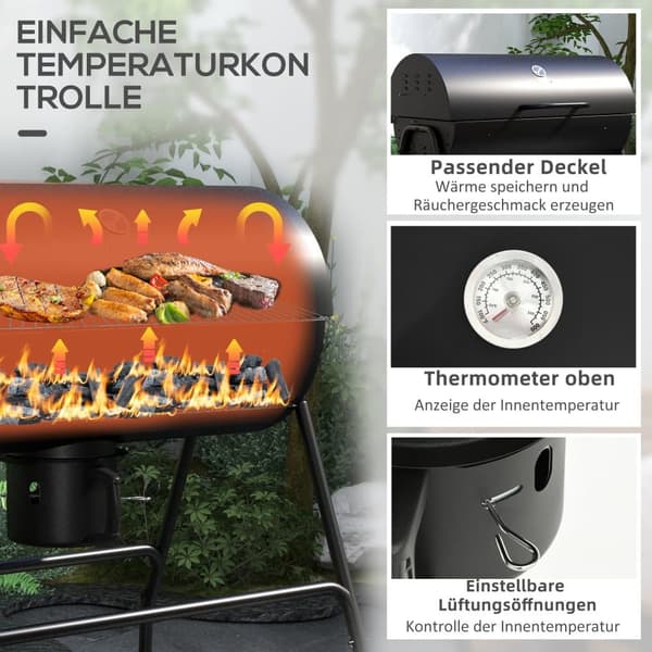 Kulgrillvogn BBQ Smoker med låg, termometer og hjul, 95x71,5x102 cm, til camping og terrasse