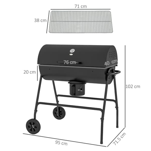 Kulgrillvogn BBQ Smoker med låg, termometer og hjul, 95x71,5x102 cm, til camping og terrasse