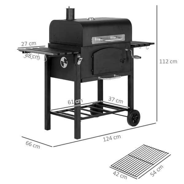 3-i-1 Kolgrill med Lock, Smoker och Förvaring, Mobil BBQ för Trädgård och Terrass