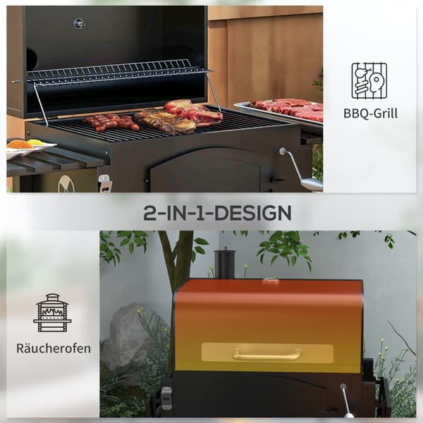 3-i-1 Kolgrill med Lock, Smoker och Förvaring, Mobil BBQ för Trädgård och Terrass