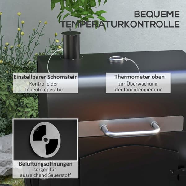 3-i-1 Kolgrill med Lock, Smoker och Förvaring, Mobil BBQ för Trädgård och Terrass