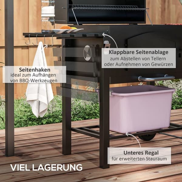 3-i-1 Kolgrill med Lock, Smoker och Förvaring, Mobil BBQ för Trädgård och Terrass