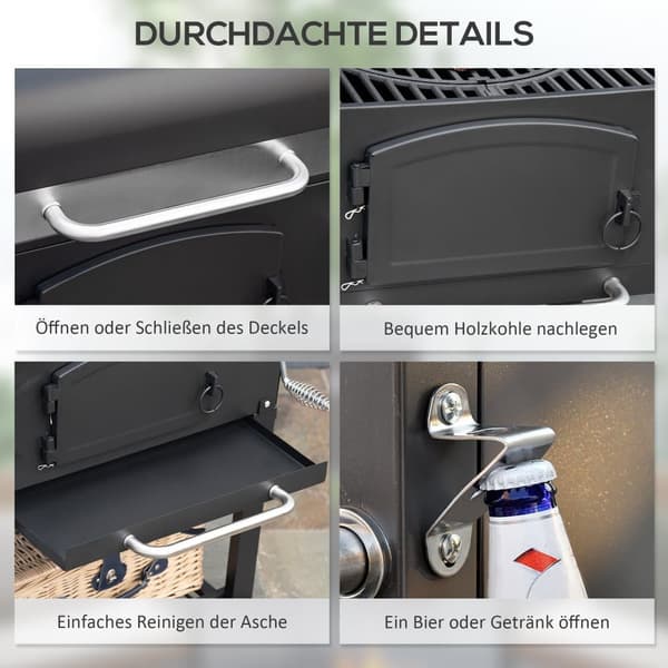 3-i-1 Kolgrill med Lock, Smoker och Förvaring, Mobil BBQ för Trädgård och Terrass